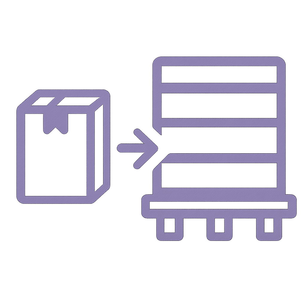 show product going into pallet shipper on the side icon dark purple transparent background-1