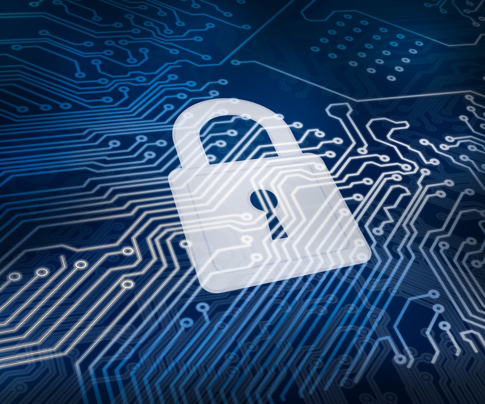 White digital padlock over circuit board ground White digital padlock over circuit board ground